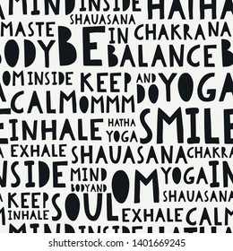 Seamless pattern with yoga slogan. Lifestyle infographics, mental and physical benefits of practice.