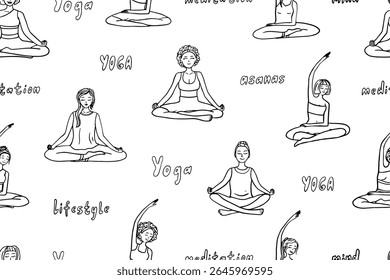 Padrão contínuo de tema de Yoga em estilo doodle. Equilíbrio, corpo, mente, energia, fitness, saúde, asanas, postura, harmonia, exercício, alongamento, pose, estilo de vida, ginástica, meditação, esporte. Amante de ioga