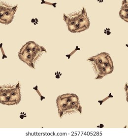 Seamless Pattern with Yorkshire Terrier Dog Faces, Bones, and Paw Prints on Beige Background