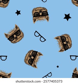 Seamless Pattern with Yorkshire Terrier Dog Faces, pixel sunglasses, and Star Prints on blue Background. Dude print with puppy faces