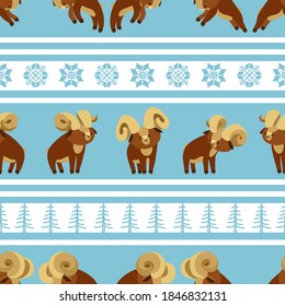 seamless pattern of a young brown horned muflon males, cute characters, decorative ornament, color vector illustration on a white background in scandinavian, flat & cartoon style