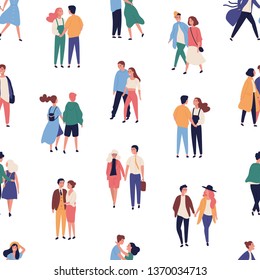 Seamless pattern with young couples on romantic date. Backdrop with men and women in love holding hands and walking together. Flat cartoon vector illustration for textile print, wrapping paper.