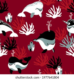 Seamless pattern of young cute whales. Swimming cachalot, black dolphin, narwhal, white whale, coral and sponge. Color vector illustration on red background in cartoon and flat style.