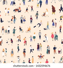 Seamless pattern with young and elderly people walking on street, riding bike or skateboard. Backdrop with city dwellers performing outdoor activities. Flat cartoon vector illustration for wallpaper.