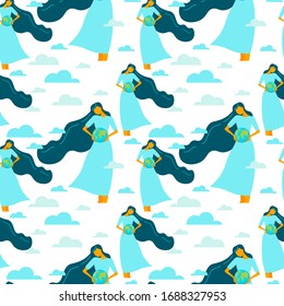 Seamless pattern. Young excited woman holds the globe in her hands, protects the planet from a pandemic. Hoping for recovery and happiness. Coronavirus pandemic concept