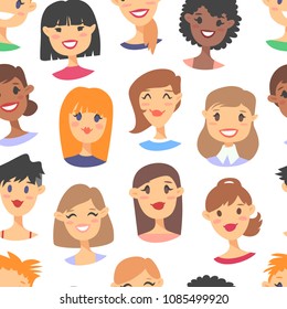 Seamless pattern with young female characters. Cartoon style people icons. Flat illustration international women faces. Hand drawn vector drawing girls