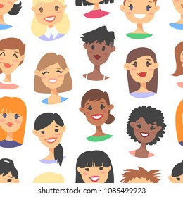 Seamless pattern with young female characters. Cartoon style people icons. Flat illustration international women faces. Hand drawn vector drawing girls