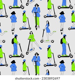 Seamless pattern with Young female characters with backpack ride modern urban transport electric kick scooter. Active hipster adult millennial uses lifestyle ecology technologies.