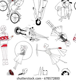 Seamless pattern with young french girls riding bicycle, caring a sheep, growing radish, merry christmas, good morning, stereotype, traveling. Black, white, red. Vector