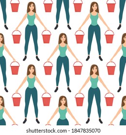 Seamless pattern with a young girl with buckets in her hands on a white background. Strong man with garden tool in flat style. Cartoon people at work.
Stock vector illustration for design, decor