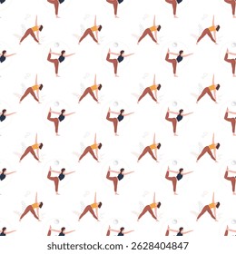 Seamless pattern with young girl doing yoga poses. Strong woman practicing yoga, texture template. Wallpaper design isolated on white background. flat vector illustration