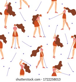 Seamless pattern with young girl hitting ball with golf club. Vector flat hand drawn illustration. Female golfer plays golf background, backdrop. Woman in sport. Cartoon characters.