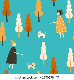 Patrón sin igual de muchacha caminando con perro