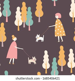 Seamless pattern of young girl walking with dog