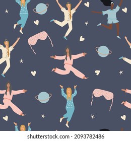 Seamless pattern of young girls dressed in cozy soft pajamas of different styles in colors, sleep mask, stars and planets. Cozy Vector illustration for textiles or any other products. 