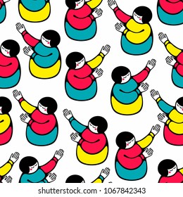 Seamless pattern with young girls hands up. Vector endless background.