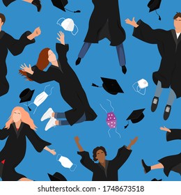 Seamless pattern with young graduate students in graduation clothing jumping and throwing the mortarboard and mask high into the air. Flat vector illustration isolated on white.