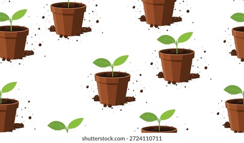 Patrón sin fisuras con plantas verdes jóvenes que crecen en macetas de terracota rodeadas de suelo disperso sobre un fondo blanco.