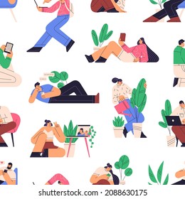 Seamless pattern with young happy people use gadgets and relaxing. Repeating background with devices, laptop computers, mobile phones and tablets users. Colored flat vector illustration for printing