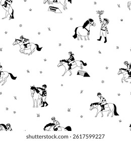 Seamless pattern with young jockeys riding ponies