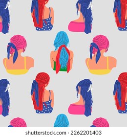 Seamless Pattern with young ladies with various Haircuts and accessories. Look from behind. Rear view. Women dressed in different clothes. Heads and shoulders. Beauty salon concept