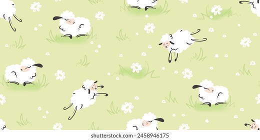 Seamless pattern of young lambs leaping in a field. Vector illustration
