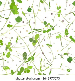 Seamless pattern young leaves seedlings on a white background. Raw sprouts, microgreens, healthy eating concept. Vector illustration