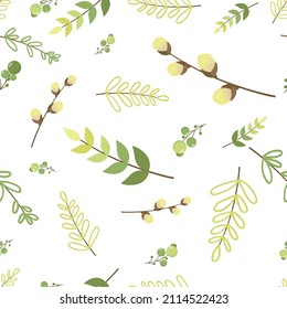 Seamless pattern with young leaves, young shoots and willow branches. On white background.