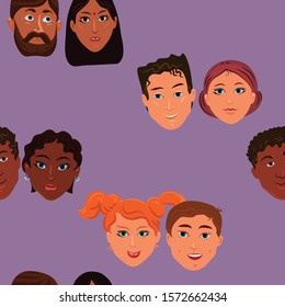 Seamless pattern Young loving happy men and women of different ethnic groups. European, African, Hindu. Flat, cartoon, vector, isolated illustration on a lilac background.