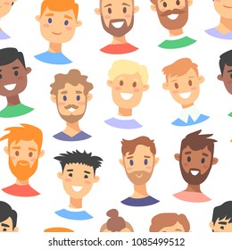 Seamless pattern with young male characters. Cartoon style people icons. Isolated guys avatars. Flat illustration men faces. Hand drawn vector drawing