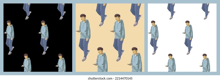 Seamless Pattern With Young Man In Fancy Clothes Holding A Smartphone In His Hand And Listen To Music With Haedphones. Trendy Print For Man's Clothing, Background, Wallpaper, Ets. Vector Illustration.