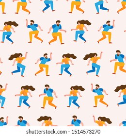 Seamless pattern young man and woman friends dancing together to party music on isolated background. Stylish people at festival event, outdoor concert or club dance floor. Flat simple style.