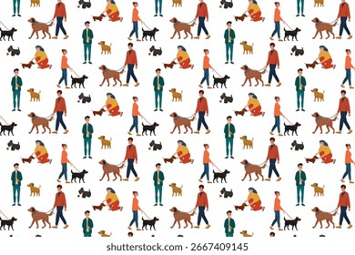 Seamless pattern with young and old people walking with dogs of different breeds and colors. Flat cartoon vector illustration on white background.