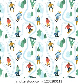 Seamless pattern with young people at mountain resort. Skiing and snowboarding. Winter season illustration.