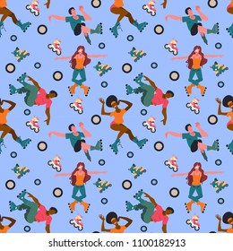 Seamless pattern with young people on roller skates and wheels isolated on blue background. Vector flat illustration. Wrap for sport goods, wallpaper in shop of rollers focused on extreme athletes.