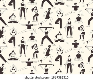 Seamless pattern with young people performing sports activities. The concept of sport, gym, yoga, pilates, fitness, meditation and relax. Health benefits for the body and mind. Vector illustration.