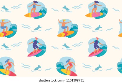 Seamless pattern. Young people surfing waves. Vector illustration.