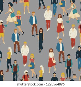 Seamless pattern with young people walking. Cartoon style illustration with men and woman. Casual street fashion vector.