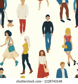 Seamless pattern with young people walking. Cartoon style illustration with men and woman. Casual street fashion vector.