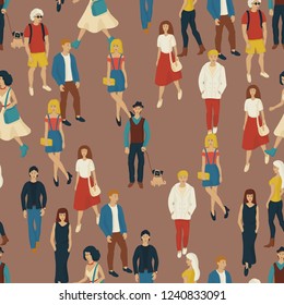 Seamless pattern with young people walking. Cartoon style illustration with men and woman. Casual street fashion vector.