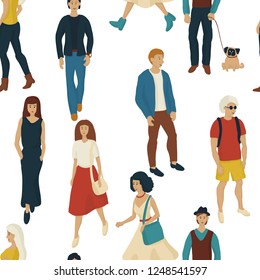 Seamless pattern with young people walking. Cartoon style illustration with men and woman. Casual street fashion vector.