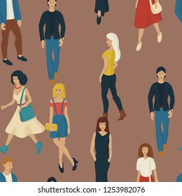 Seamless pattern with young people walking. Cartoon style illustration with men and woman. Casual street fashion vector.