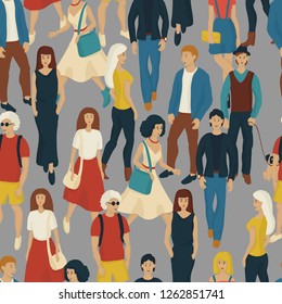 Seamless pattern with young people walking. Cartoon style illustration with men and woman. Casual street fashion vector.