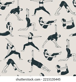 Seamless pattern with young people wearing sportswear doing yoga. The concept of sport, gym, yoga, pilates, fitness, meditation and relax. Health care and lifestyle concept. Vector illustration.