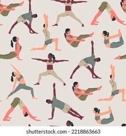 Patrón sin inconvenientes con jóvenes que usan ropa deportiva haciendo yoga. El concepto de deporte, gimnasia, yoga, pilates, fitness, meditación y relajación. El concepto de salud y estilo de vida. Ilustración vectorial.