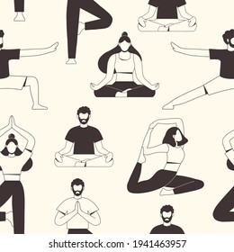 Patrón sin foco con los jóvenes en posición de yoga. Práctica física y espiritual. El concepto de yoga, meditación y relajación Beneficios de salud para el cuerpo y la mente. Ilustración vectorial plana.