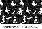 Seamless pattern of young skateboarders. Funny cartoon sketch of teenager boys. Skateboarder doing a jumping trick, vector illustration. Playing kids.