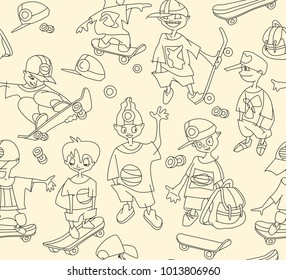 Seamless pattern of young skateboarders. Funny cartoon sketch of teenager boys. Skateboarder doing a jumping trick, vector illustration. Playing kids.