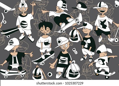 Seamless pattern of young skateboarders. Funny cartoon sketch of teenager boys. Skateboarder doing a jumping trick, vector illustration. Playing kids.