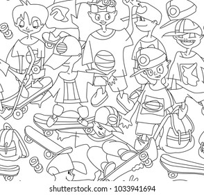 Seamless pattern of young skateboarders. Funny cartoon sketch of teenager boys. Skateboarder doing a jumping trick, vector illustration. Playing kids.